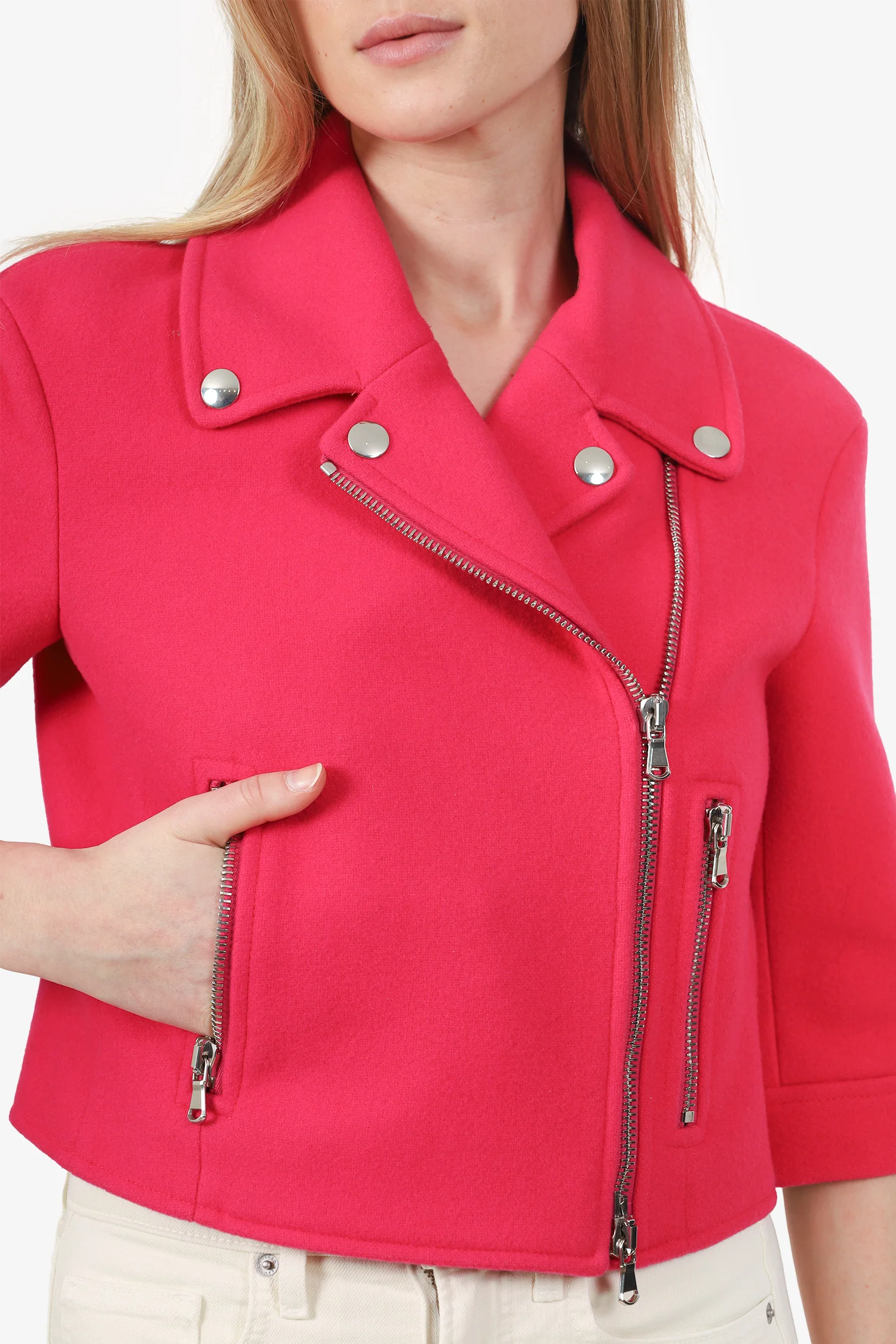 Moschino Couture Pink Wool Cropped 'Jackie-O' Biker Jacket Size 8