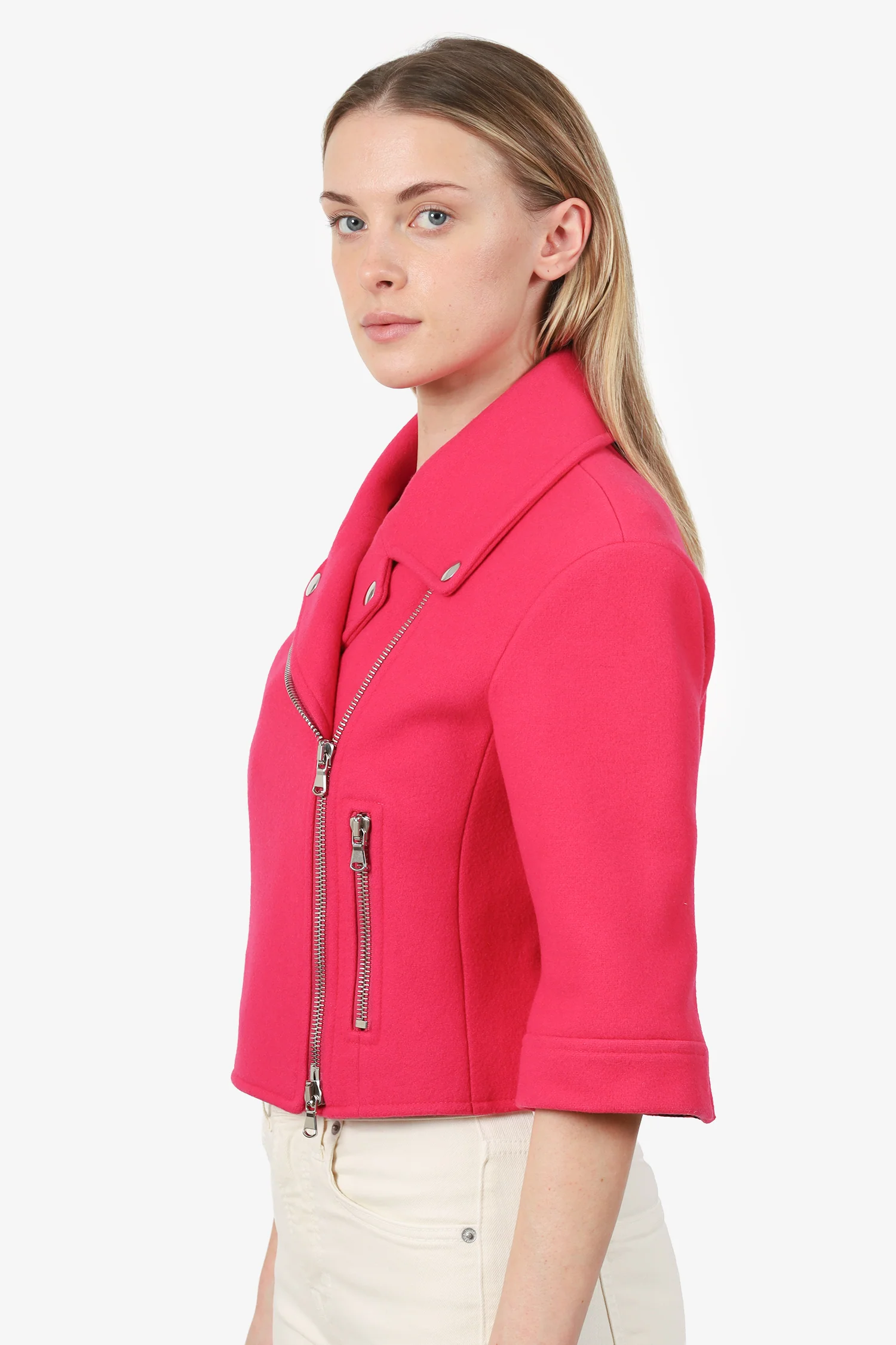 Moschino Couture Pink Wool Cropped 'Jackie-O' Biker Jacket Size 8