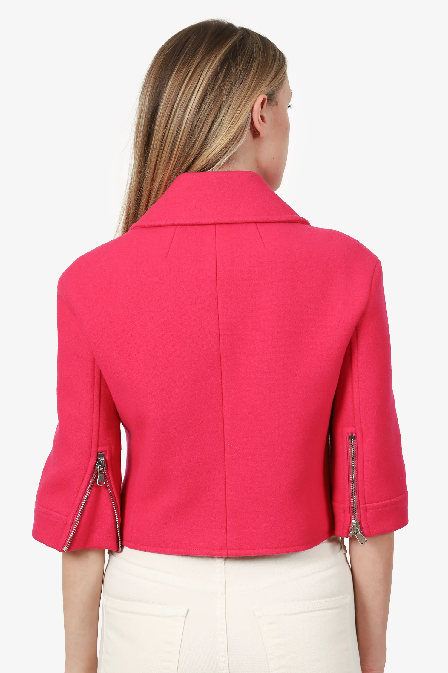 Moschino Couture Pink Wool Cropped 'Jackie-O' Biker Jacket Size 8