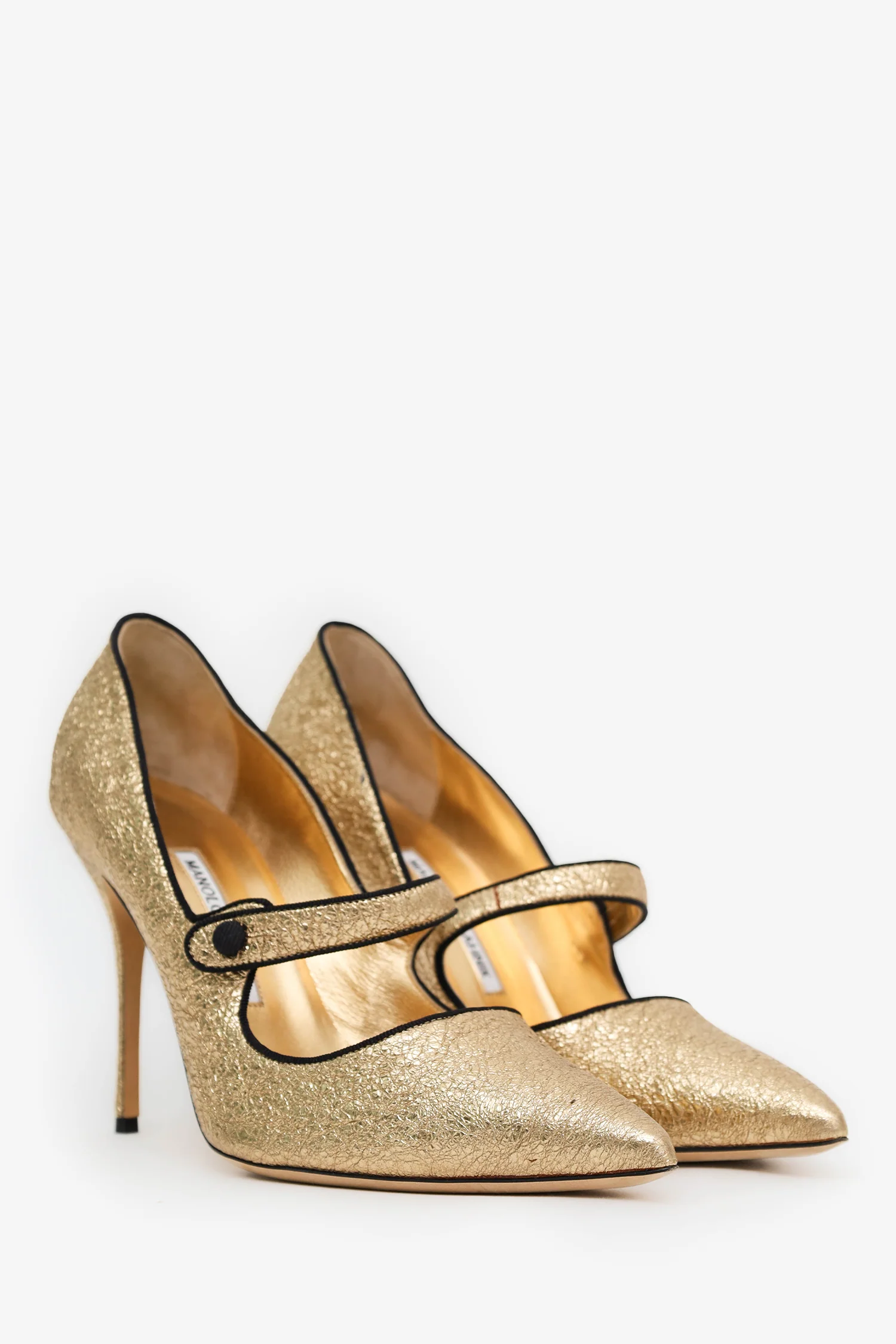 Manolo Blahnik Gold Cracked Leather 'Campari' Mary Jane Pumps Size 40.5