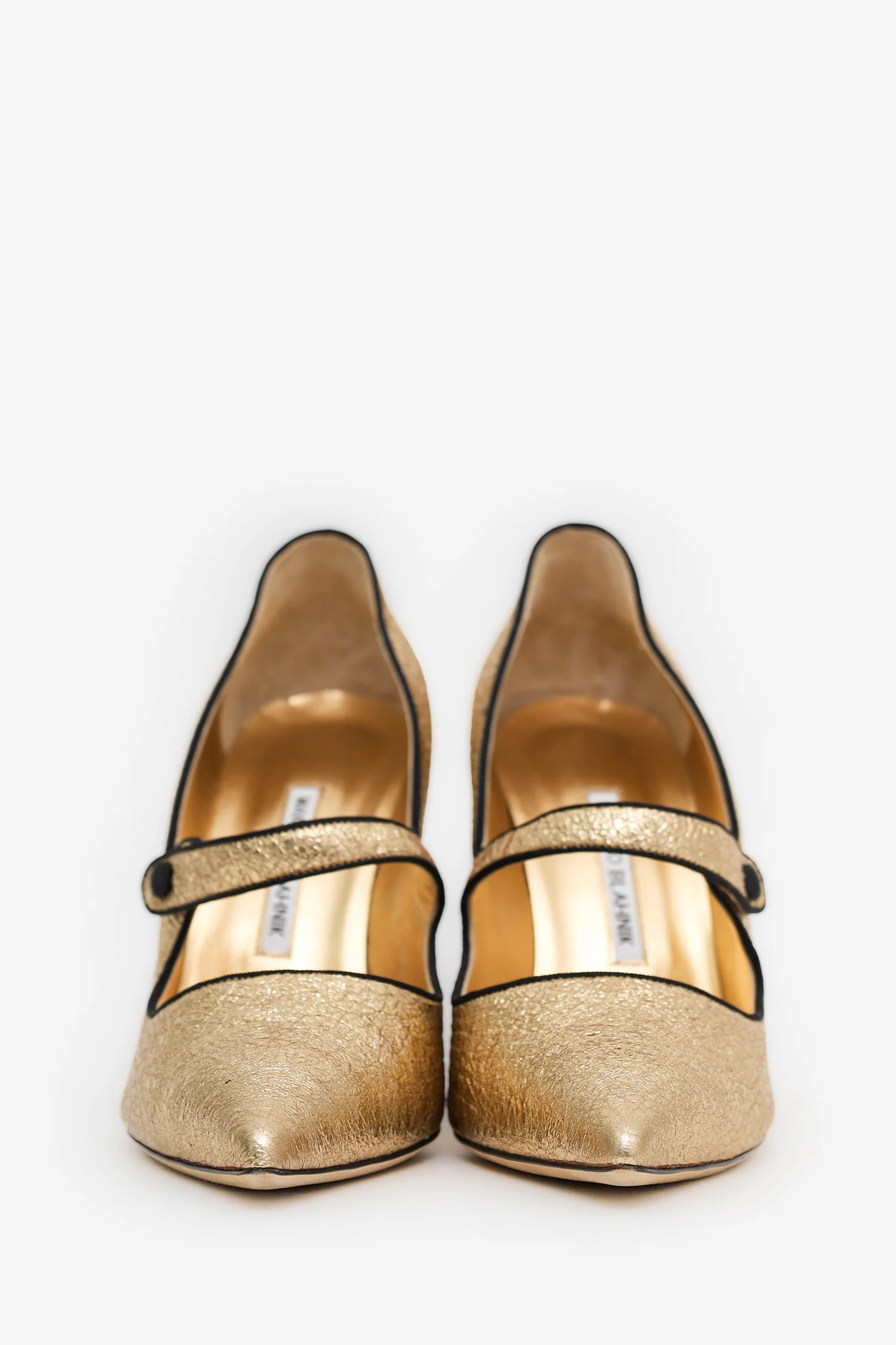 Manolo Blahnik Gold Cracked Leather 'Campari' Mary Jane Pumps Size 40.5