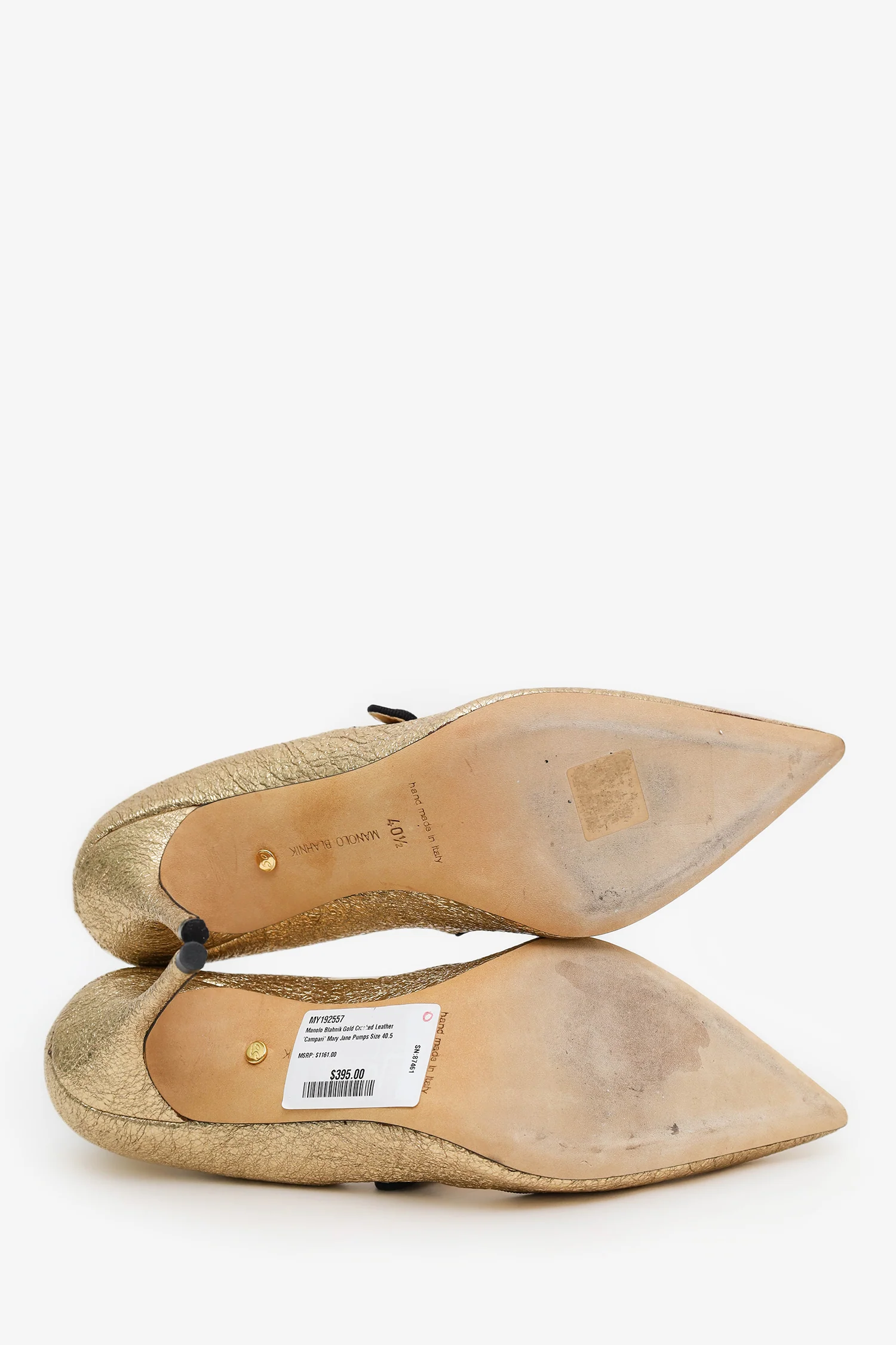 Manolo Blahnik Gold Cracked Leather 'Campari' Mary Jane Pumps Size 40.5