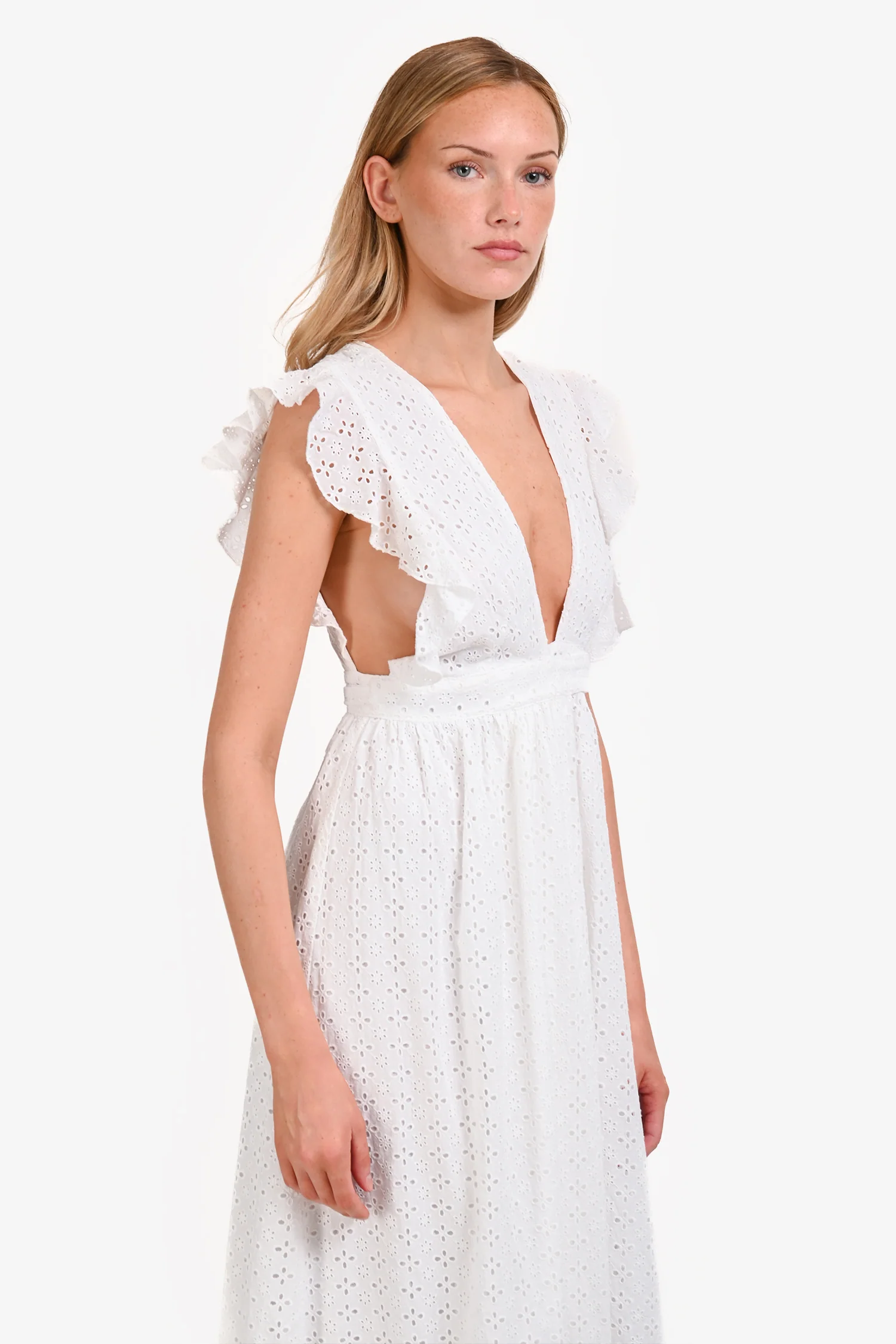 Majorelle White Eyelet Ruffle Sleeveless Wrap Midi Dress Size M
