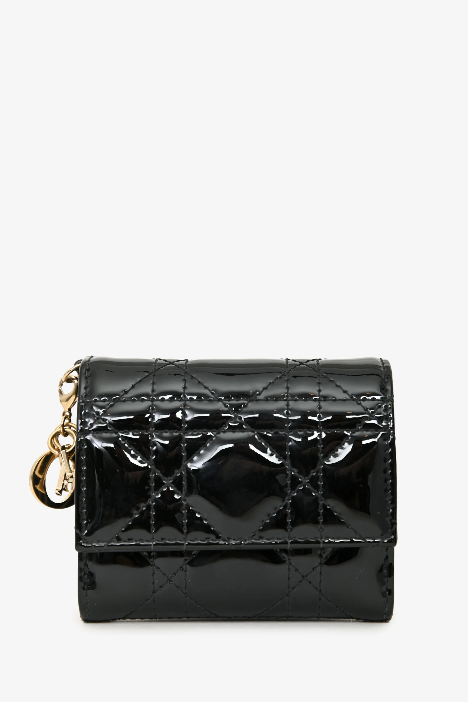 Christian Dior 2022 Black Patent Lotus Trifold Wallet