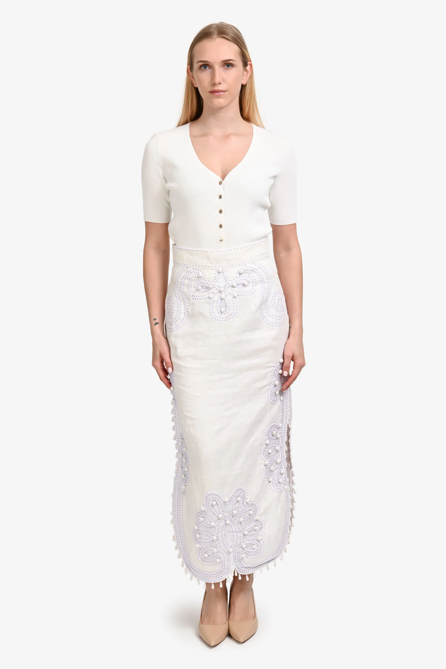 Zimmerman White/Purple Linen Embroidered Maxi Skirt Size 2