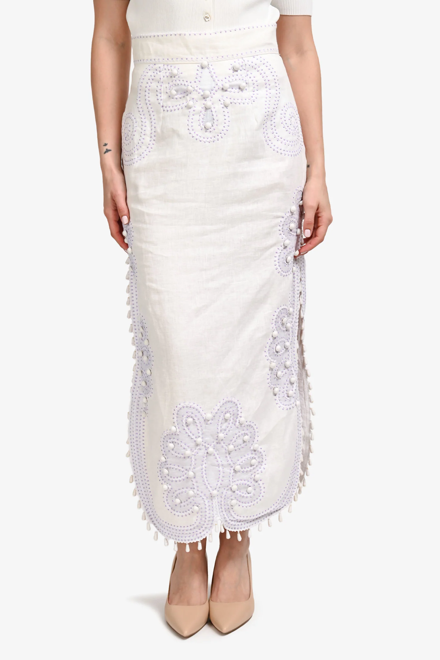 Zimmerman White/Purple Linen Embroidered Maxi Skirt Size 2
