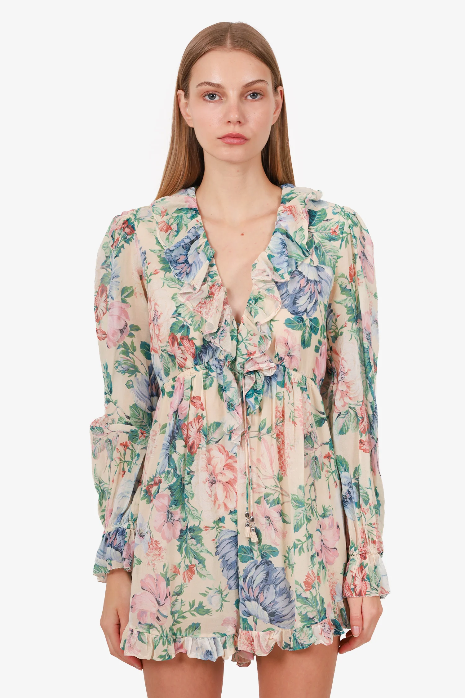 Zimmermann Floral Printed V-Neck Ruffled Mini Dress Size 3