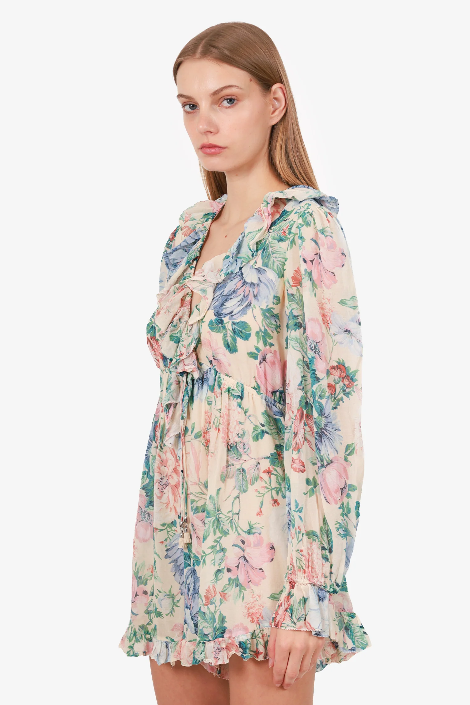 Zimmermann Floral Printed V-Neck Ruffled Mini Dress Size 3