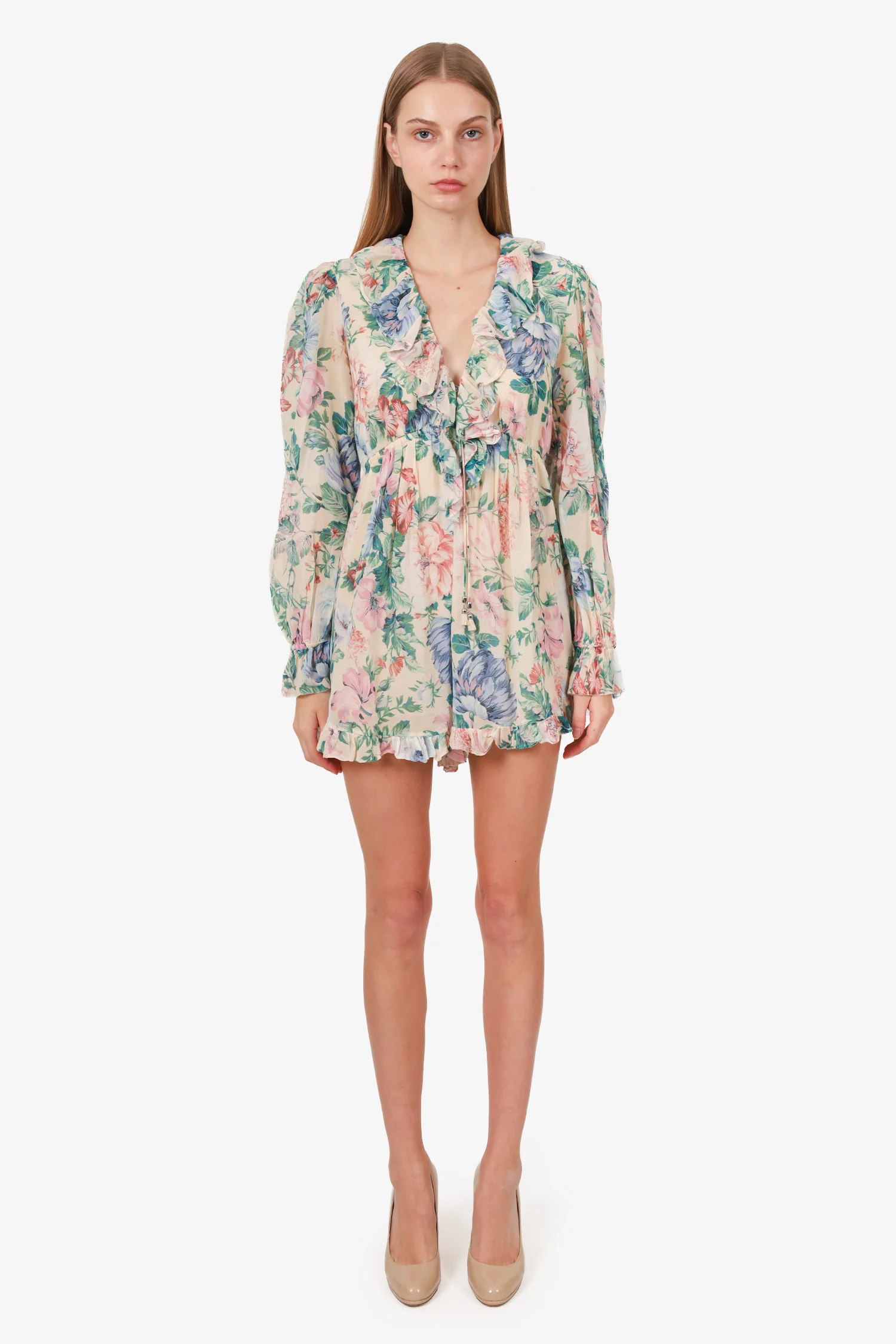 Zimmermann Floral Printed V-Neck Ruffled Mini Dress Size 3
