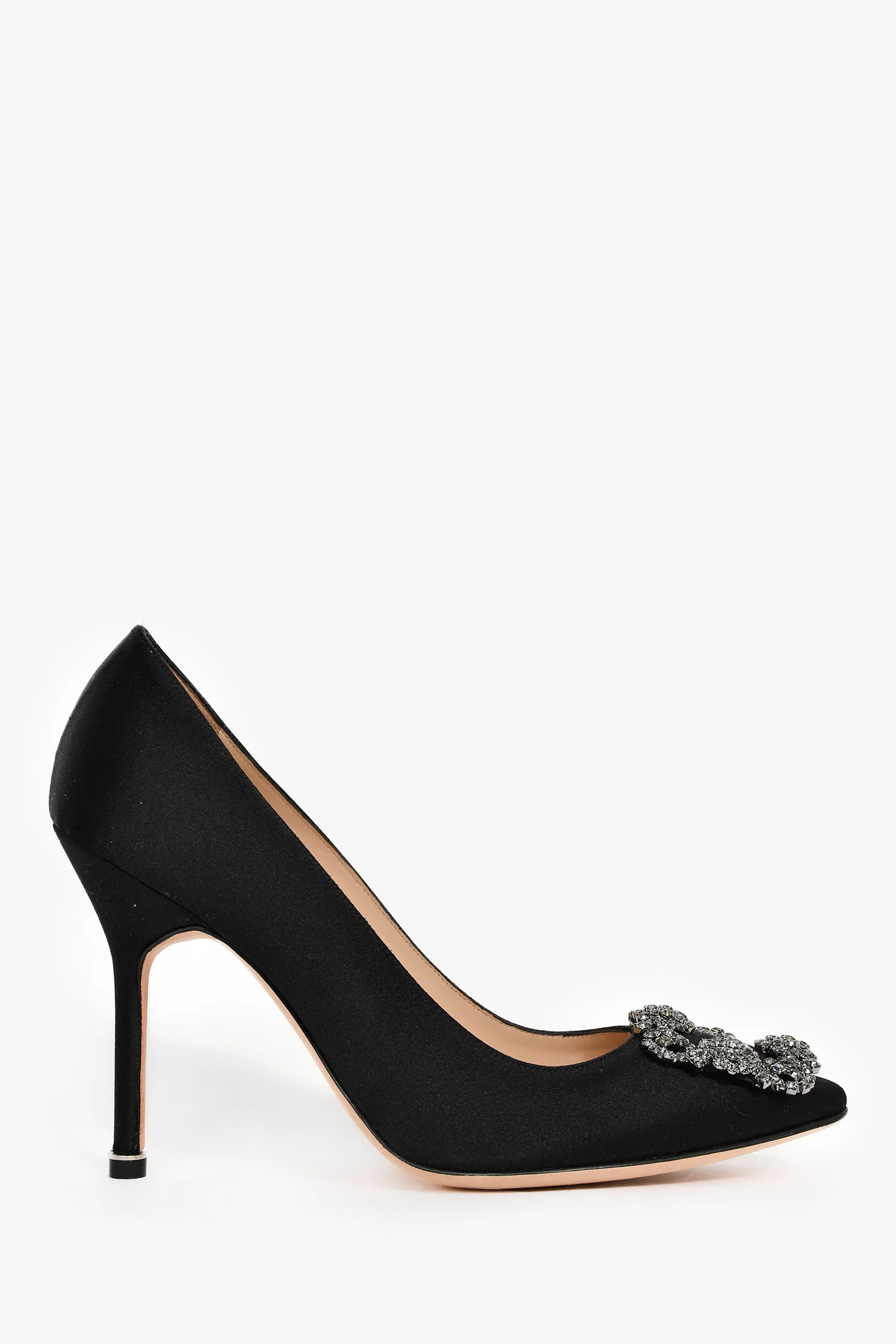 Manolo Blahnik Black Satin Embellished Hangisi Heels Size 37.5