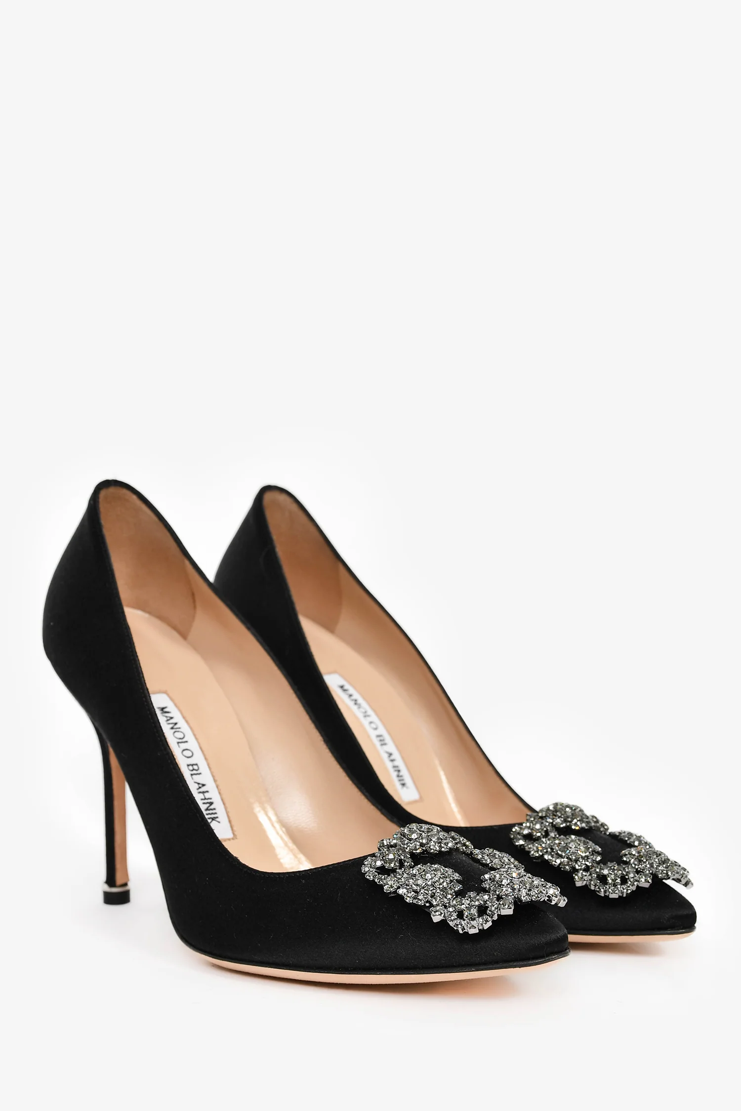 Manolo Blahnik Black Satin Embellished Hangisi Heels Size 37.5