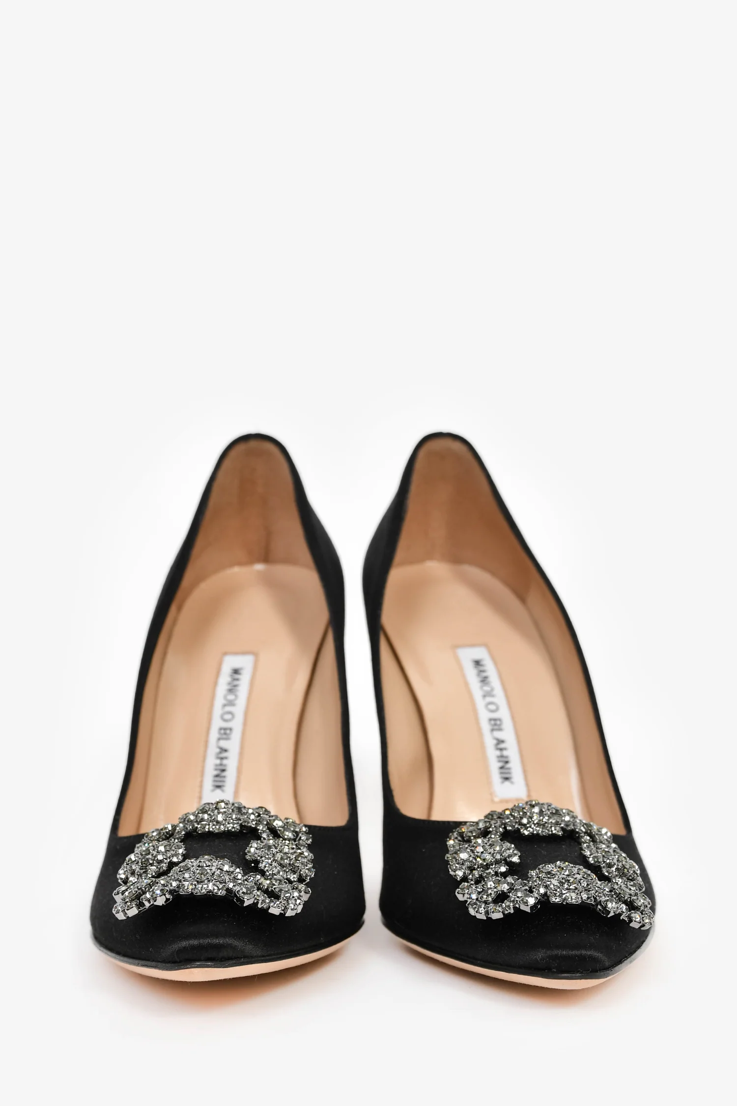 Manolo Blahnik Black Satin Embellished Hangisi Heels Size 37.5
