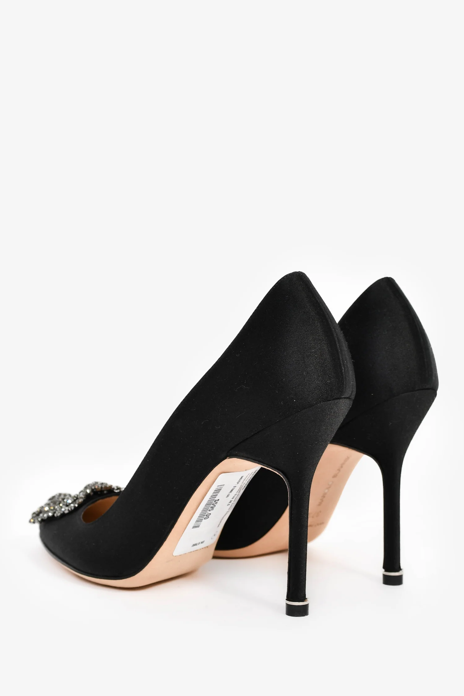 Manolo Blahnik Black Satin Embellished Hangisi Heels Size 37.5