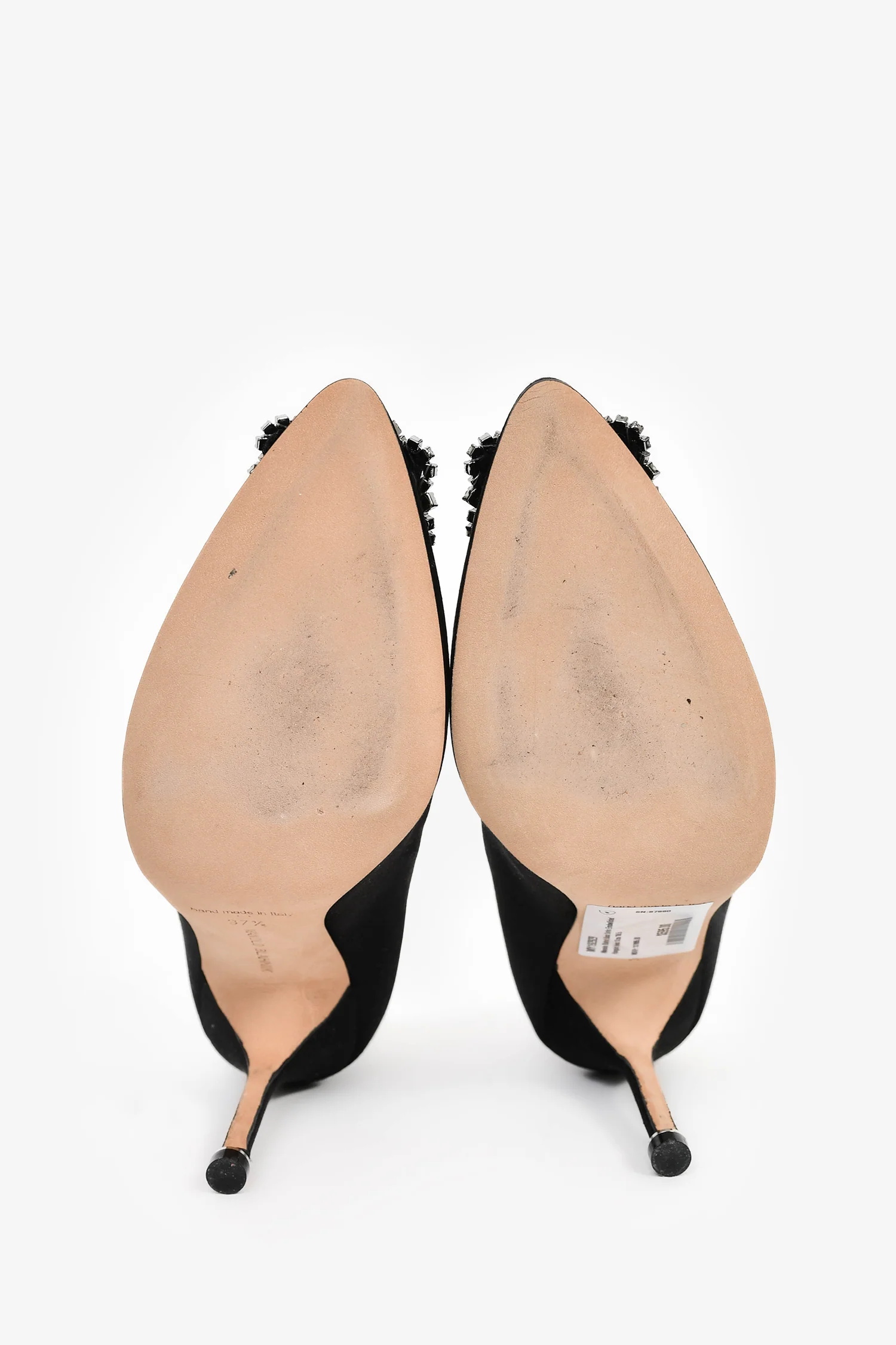Manolo Blahnik Black Satin Embellished Hangisi Heels Size 37.5