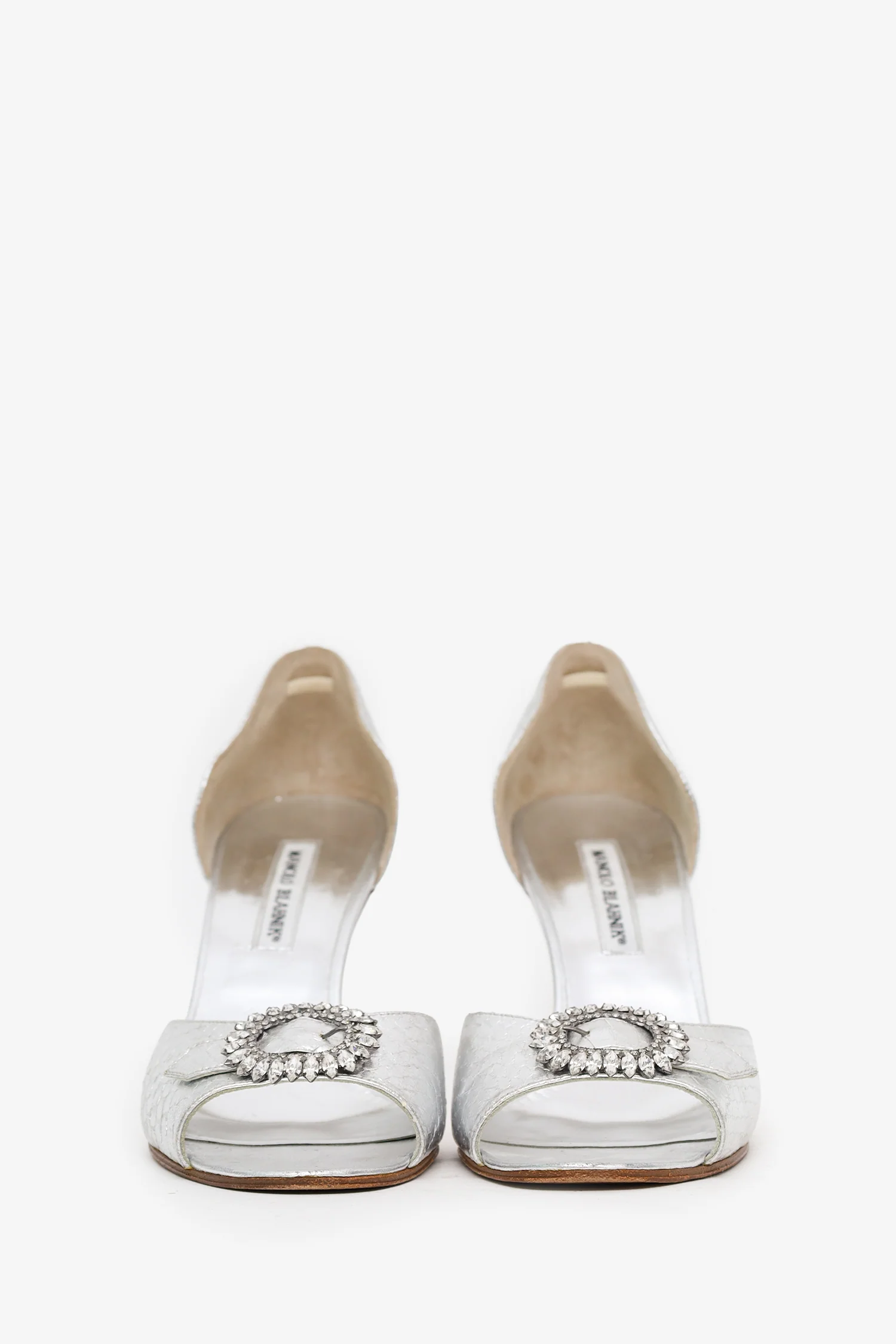 Manolo Blahnik Silver Metallic Snakeskin Crystal d'Orsay Peep-Toe Pumps Size 39