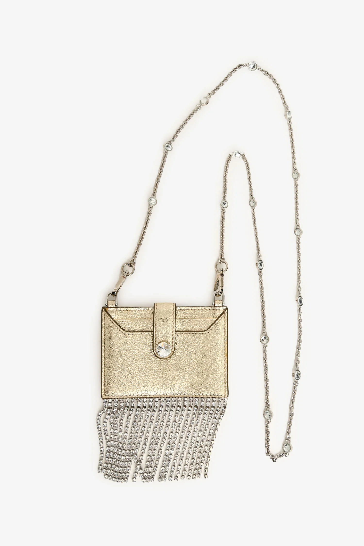 Miu Miu Gold Metallic Leather Crystal Embellished Fringe Card Hold With Chain