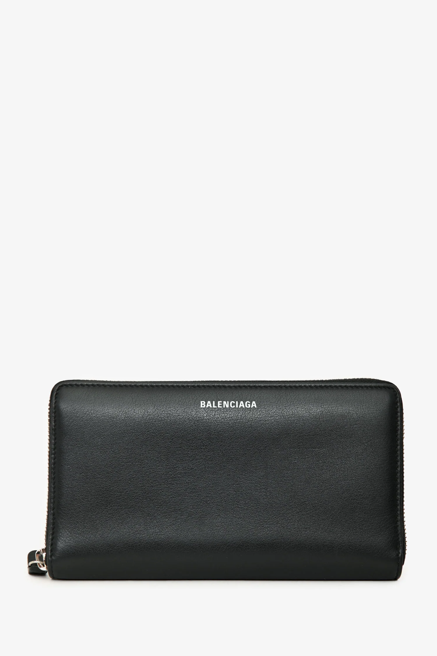 Balenciaga Black/White Logo Leather Zip Around Wallet