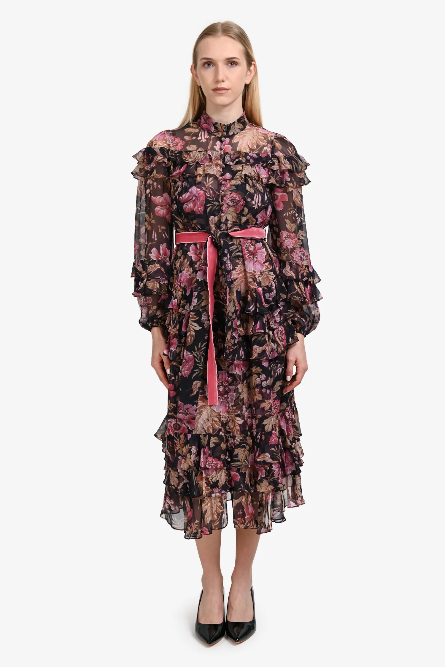 Zimmermann Black/Pink Silk 'Lucky Mulberry Floral' Tiered Maxi Dress Size 1