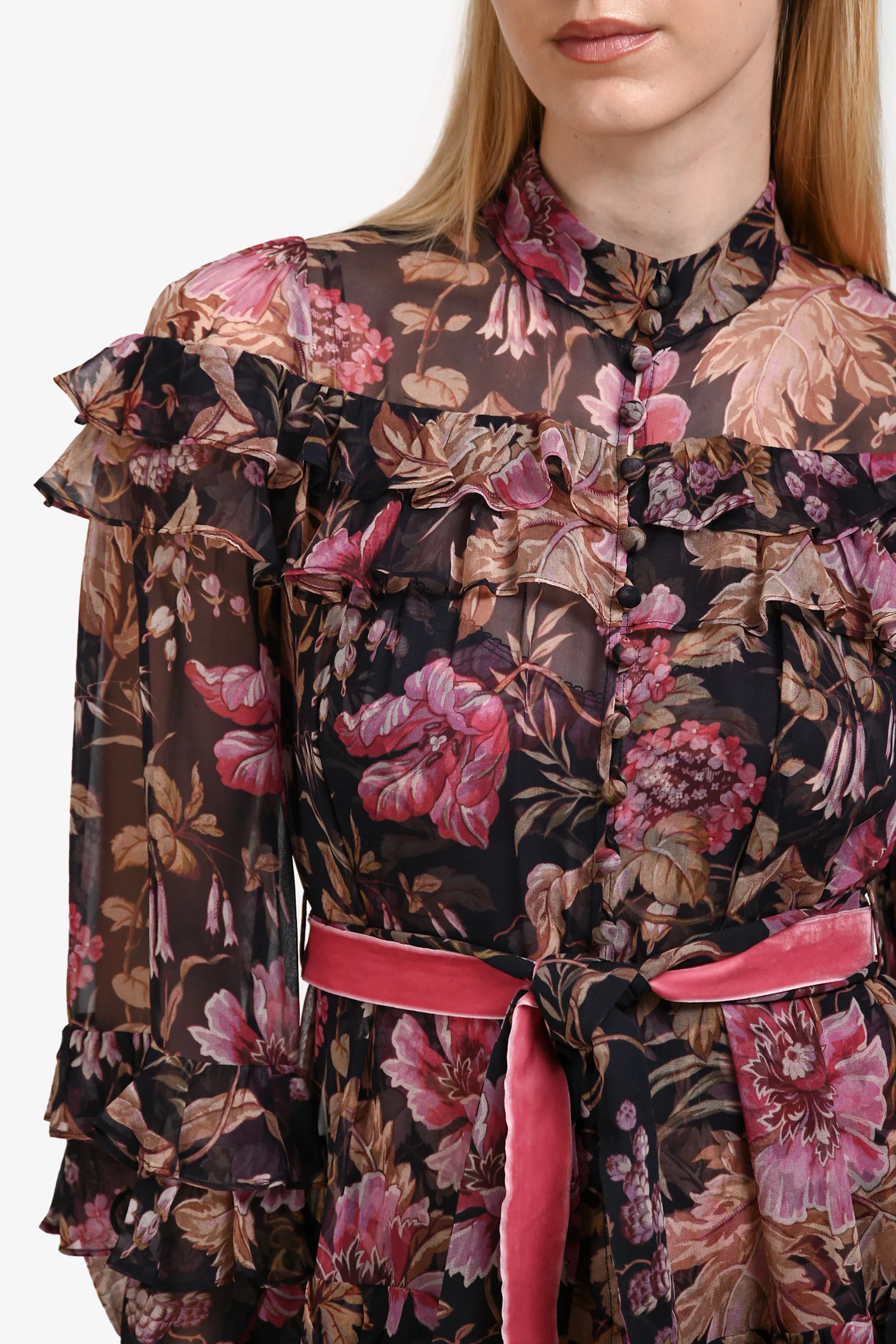 Zimmermann Black/Pink Silk 'Lucky Mulberry Floral' Tiered Maxi Dress Size 1