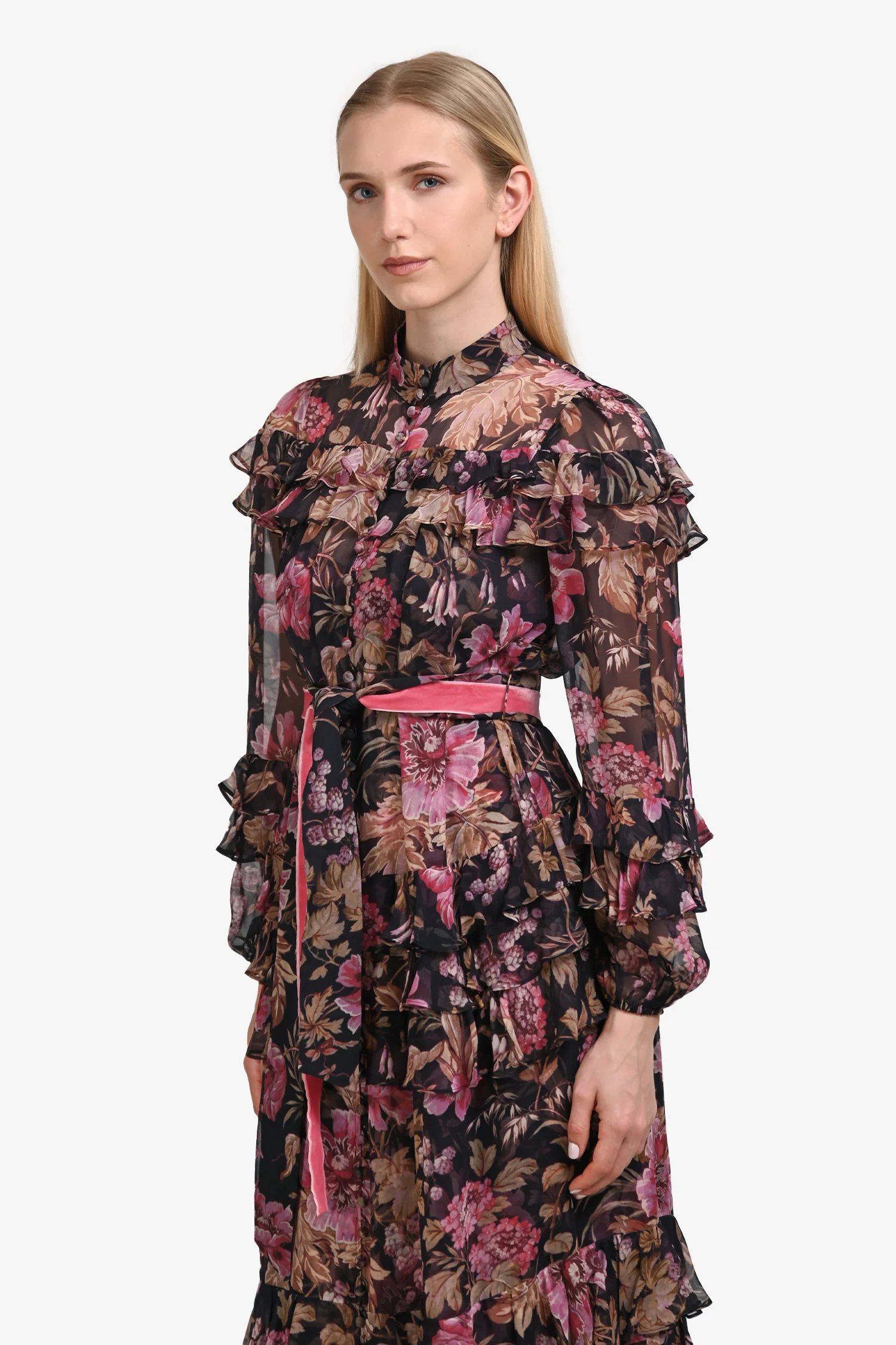 Zimmermann Black/Pink Silk 'Lucky Mulberry Floral' Tiered Maxi Dress Size 1