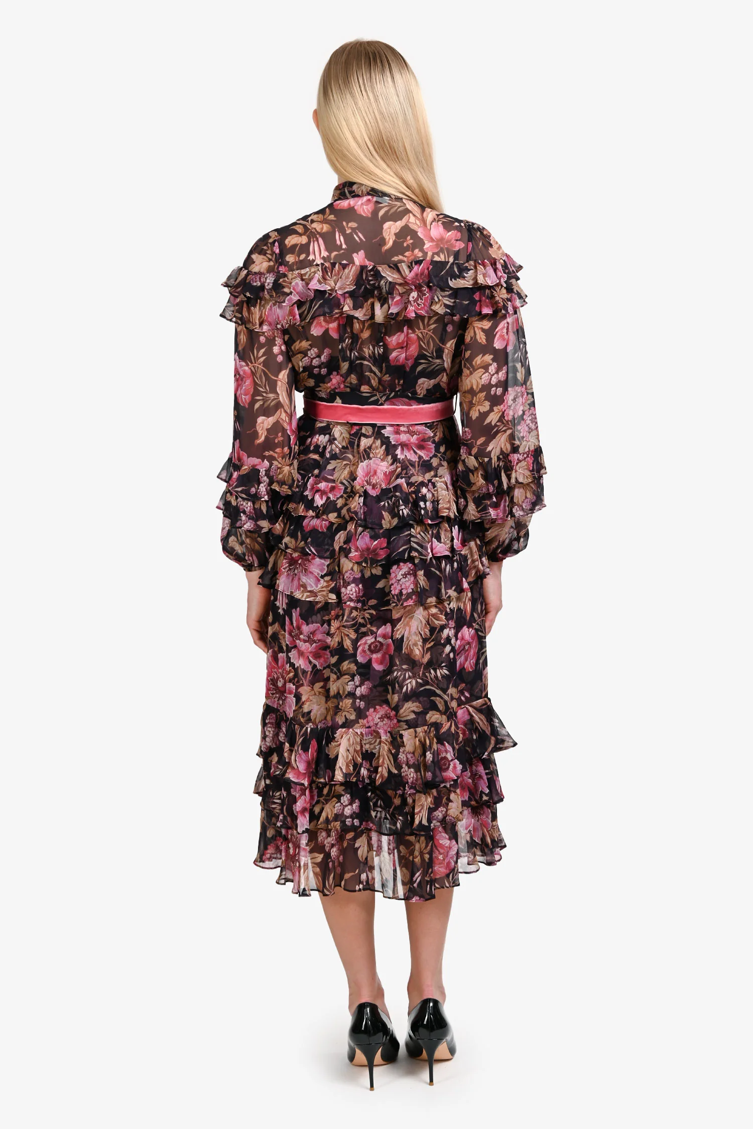 Zimmermann Black/Pink Silk 'Lucky Mulberry Floral' Tiered Maxi Dress Size 1