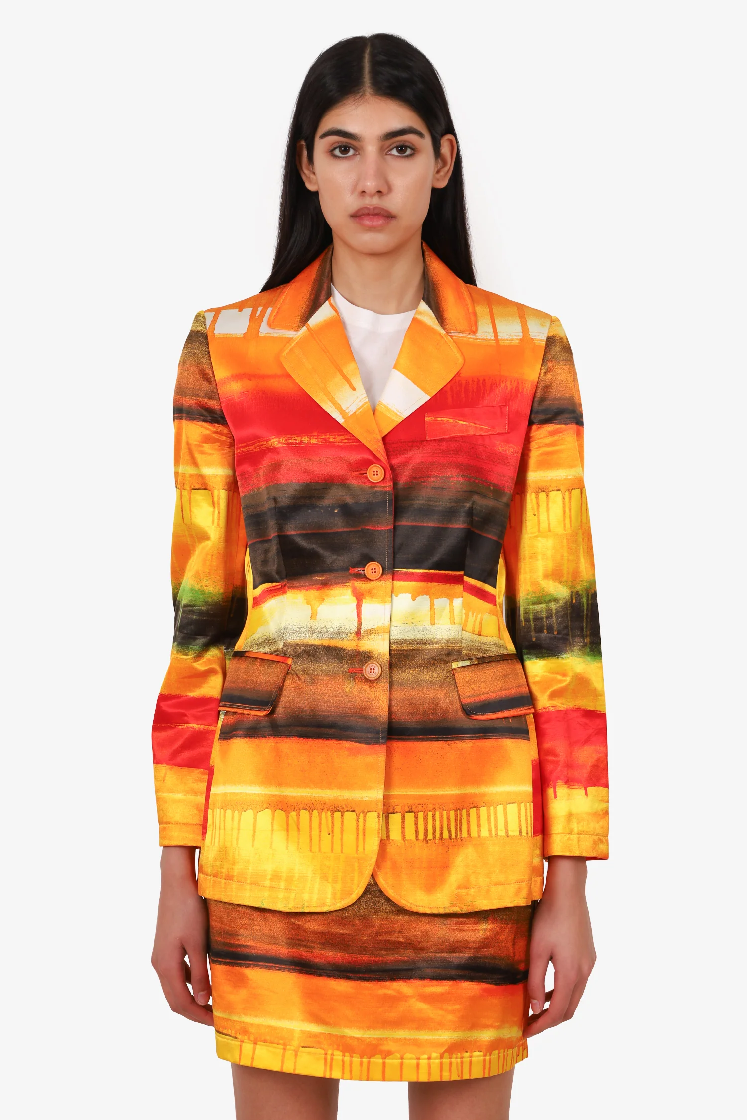 Moschino Jeans Orange/Red Printed Single Breasted Blazer + Skirt Set Size 42