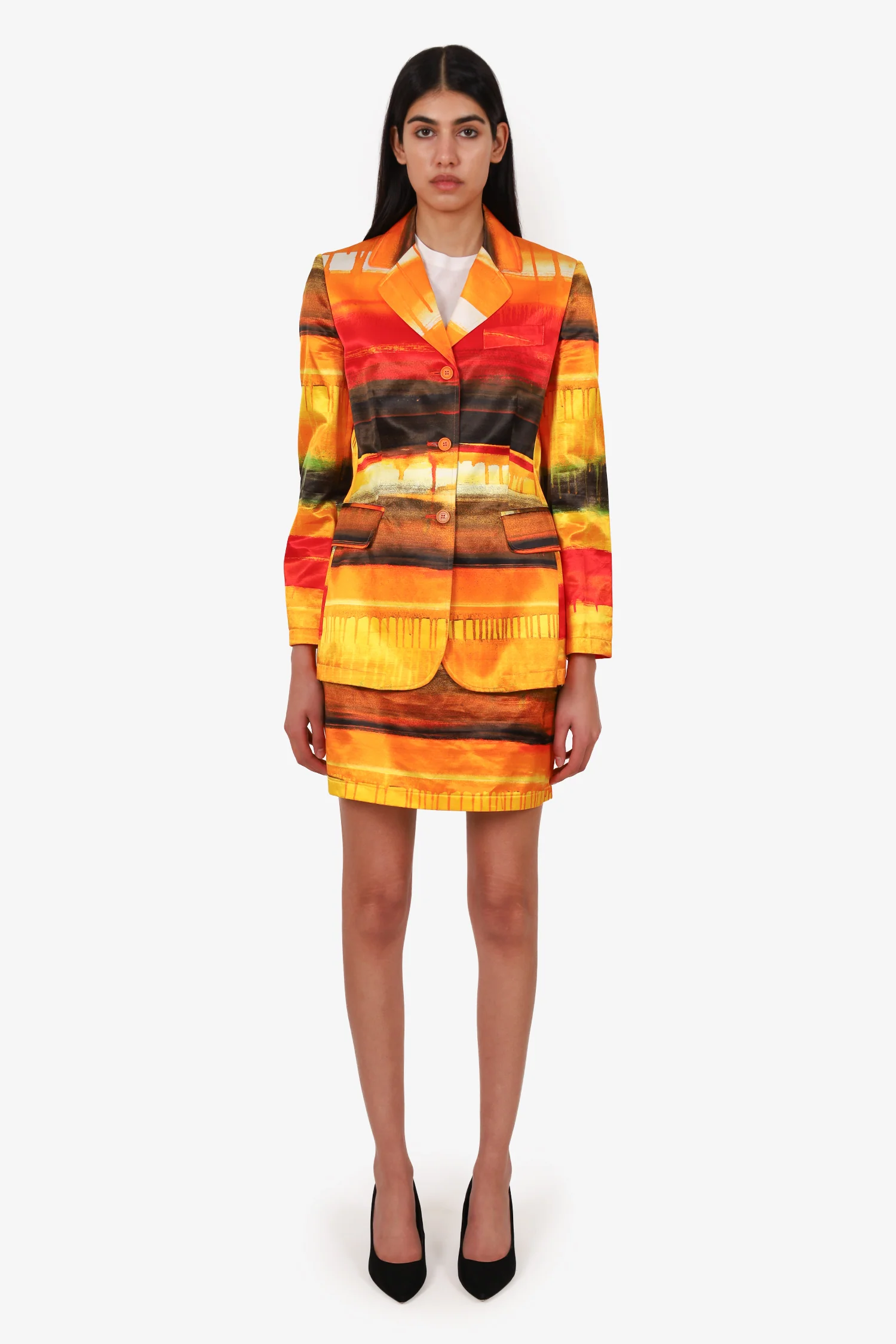 Moschino Jeans Orange/Red Printed Single Breasted Blazer + Skirt Set Size 42
