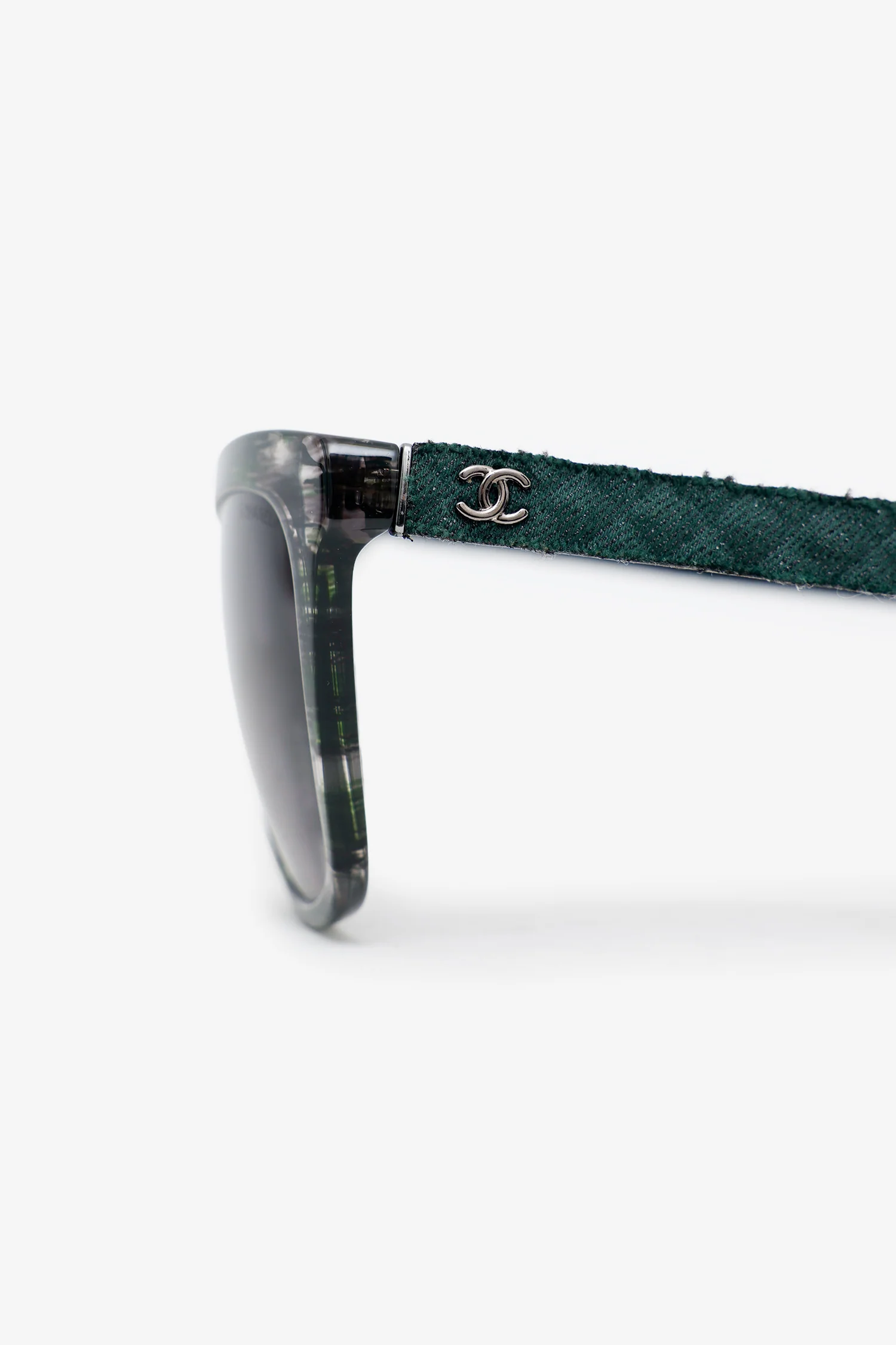 Pre-Loved Chanel™ Green/Black Frame Printed Denim CC Square Sunglasses