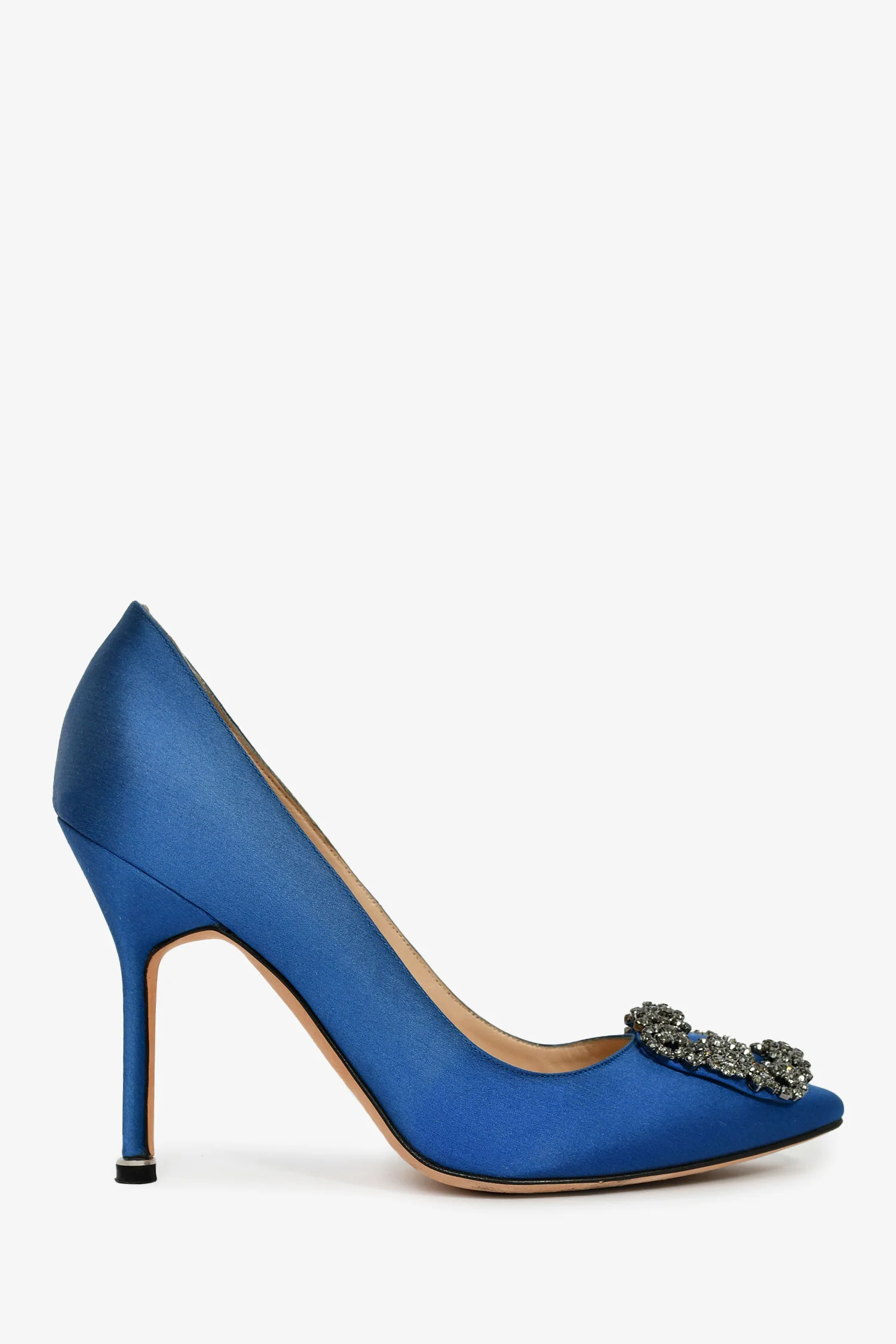 Manolo Blahnik Blue Satin Crystal Embellished Hangisi Heels Size 36.5
