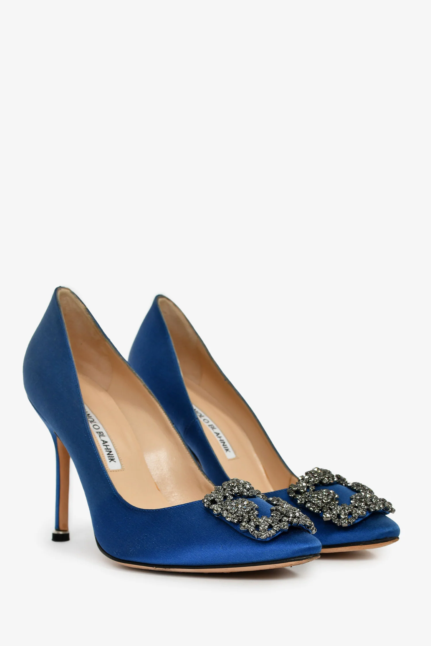 Manolo Blahnik Blue Satin Crystal Embellished Hangisi Heels Size 36.5
