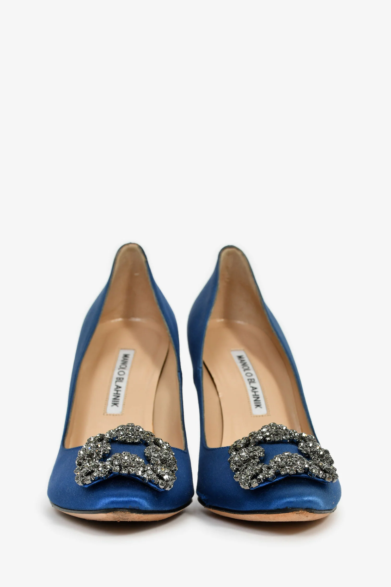 Manolo Blahnik Blue Satin Crystal Embellished Hangisi Heels Size 36.5