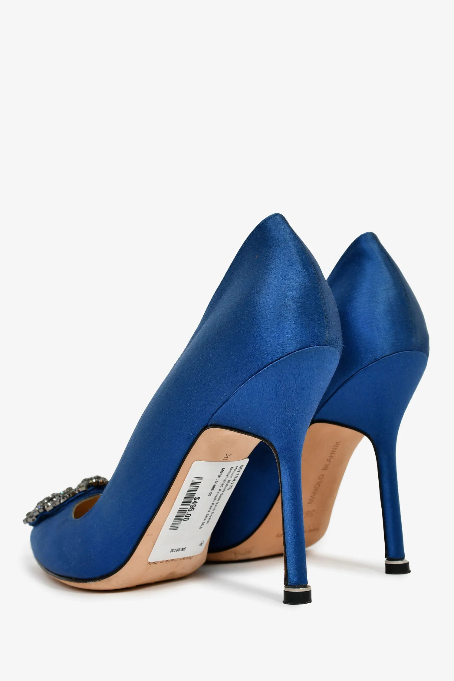 Manolo Blahnik Blue Satin Crystal Embellished Hangisi Heels Size 36.5
