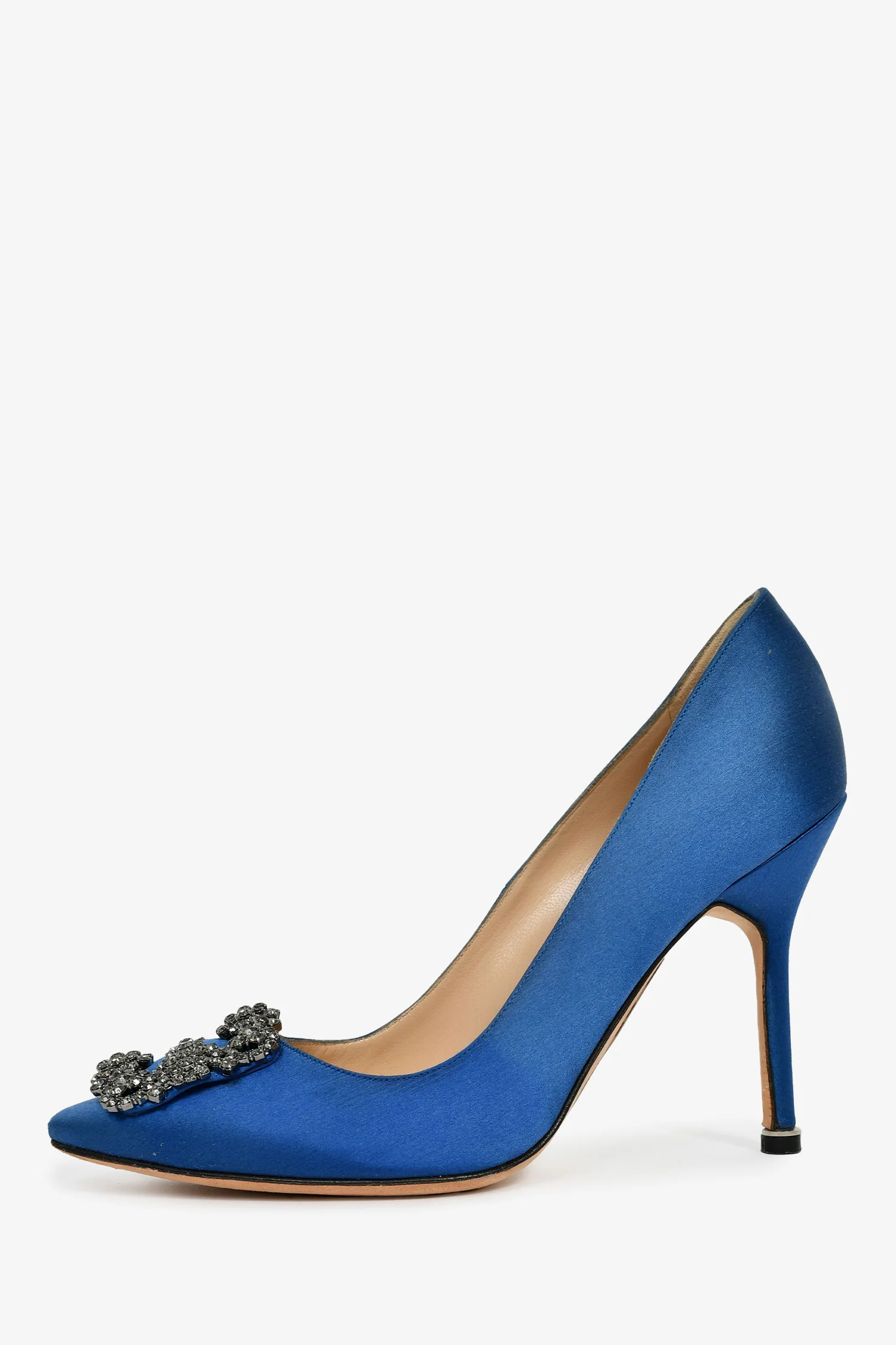 Manolo Blahnik Blue Satin Crystal Embellished Hangisi Heels Size 36.5