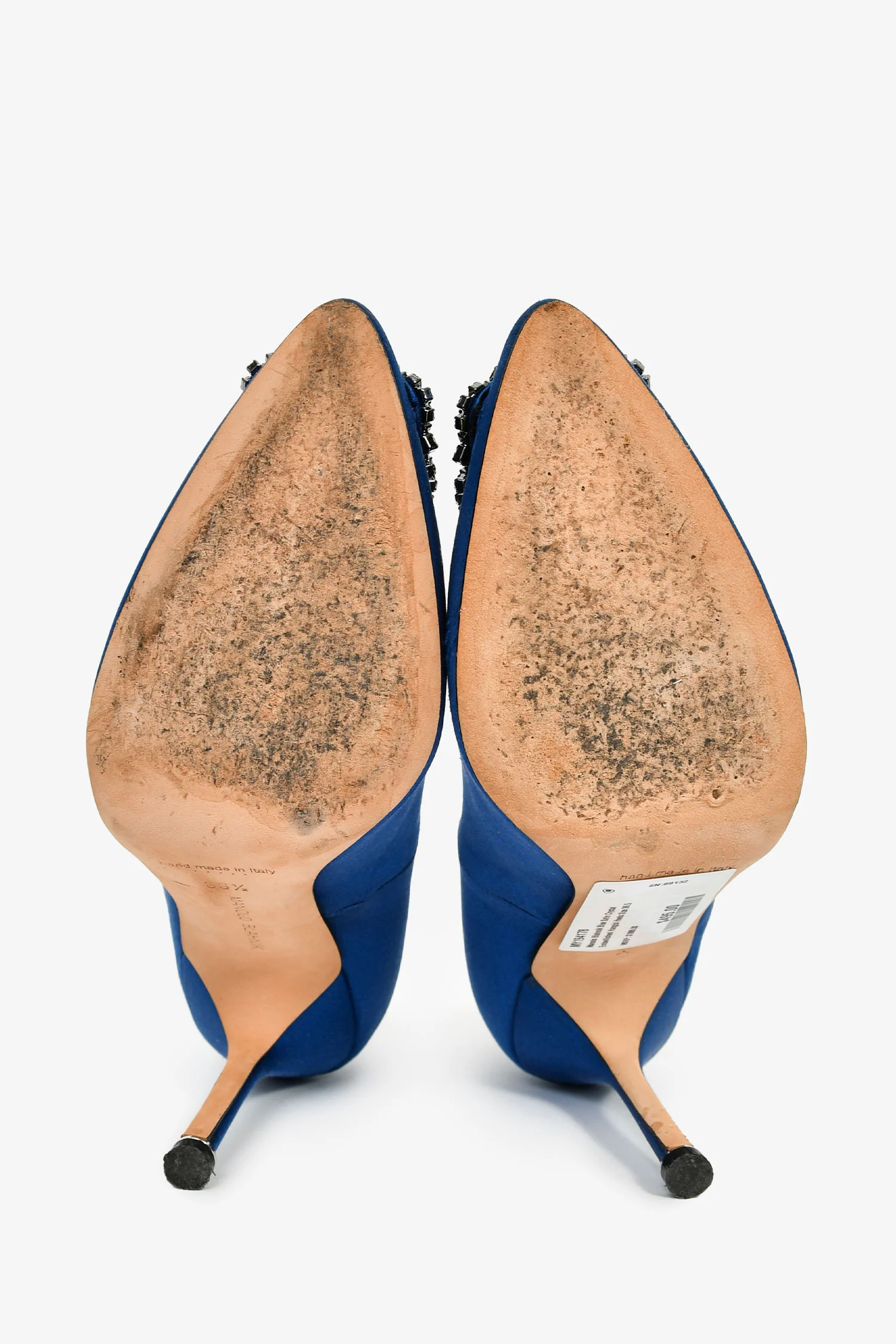 Manolo Blahnik Blue Satin Crystal Embellished Hangisi Heels Size 36.5