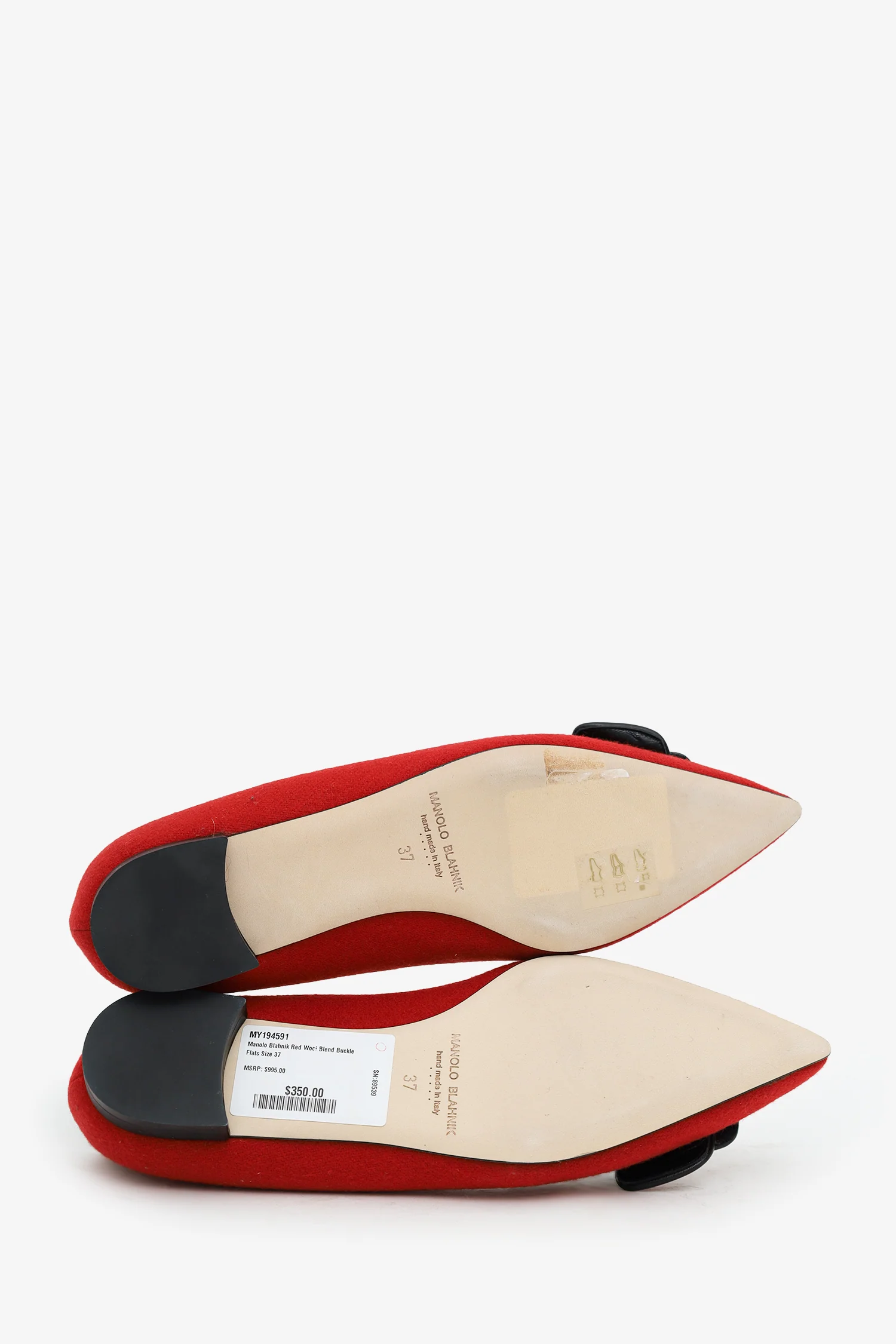 Manolo Blahnik Red Wool Blend Buckle Flats Size 37