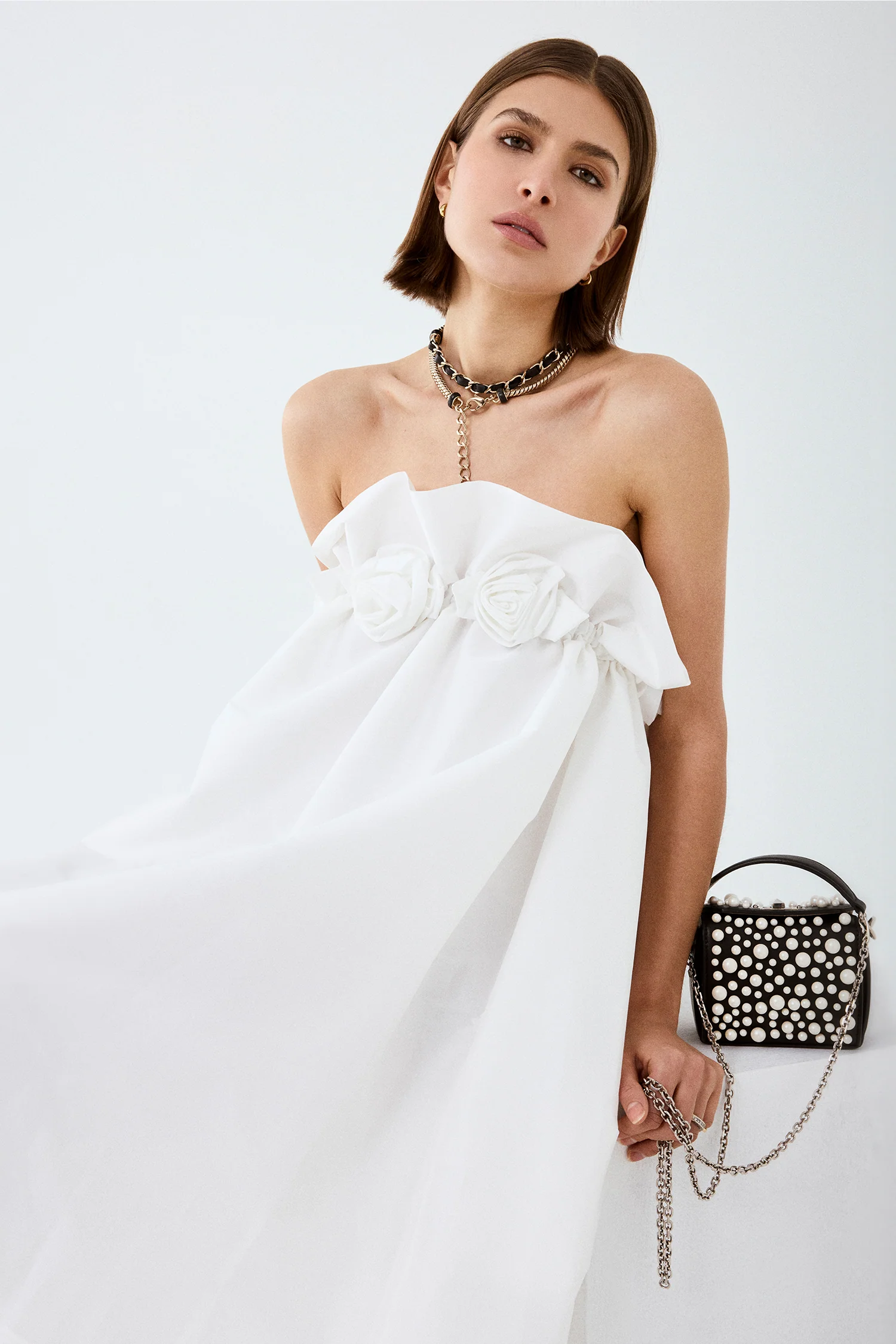 Bernadette White Taffeta Strapless 'Theodore' Dress With Handmade Roses Size 36
